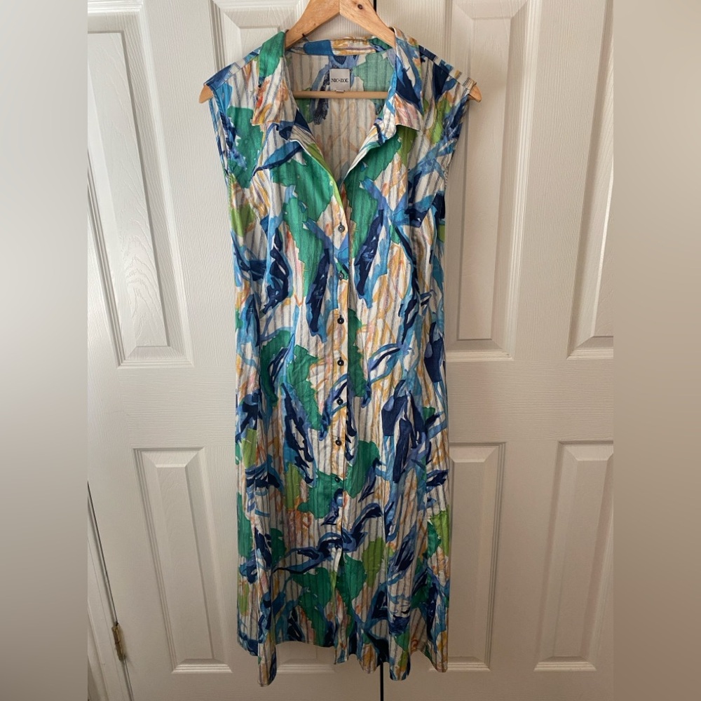 NIC+ZOE Green and Blue Scribble Vines Floral Sleeveless Midi Shirt Dress SZ 2X - Picture 3 of 11